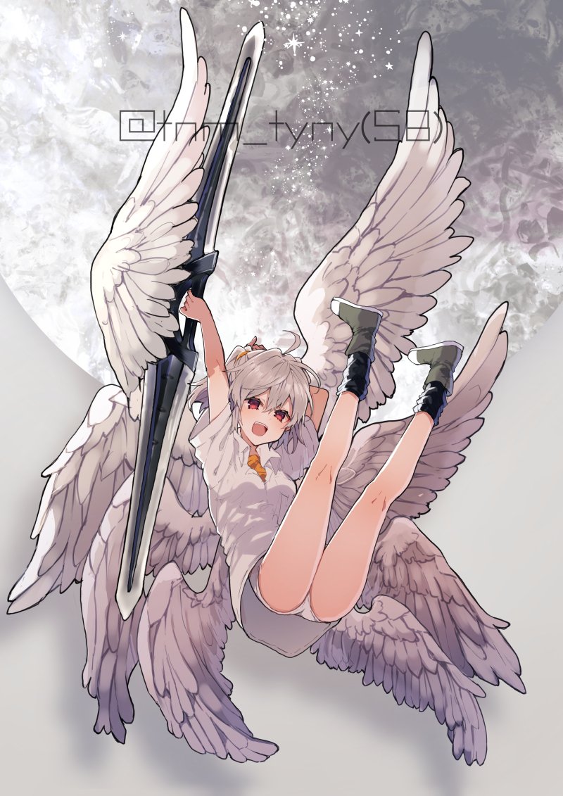 1girl, :d, ahoge, angel_chromosome_xx, angel_wings, arms_up, black_legwear, boots