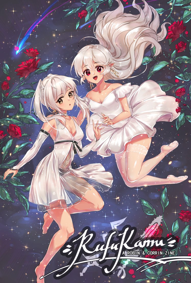2girls, alternate_costume, bare_shoulders, barefoot, braid, breasts, choker, cleavage