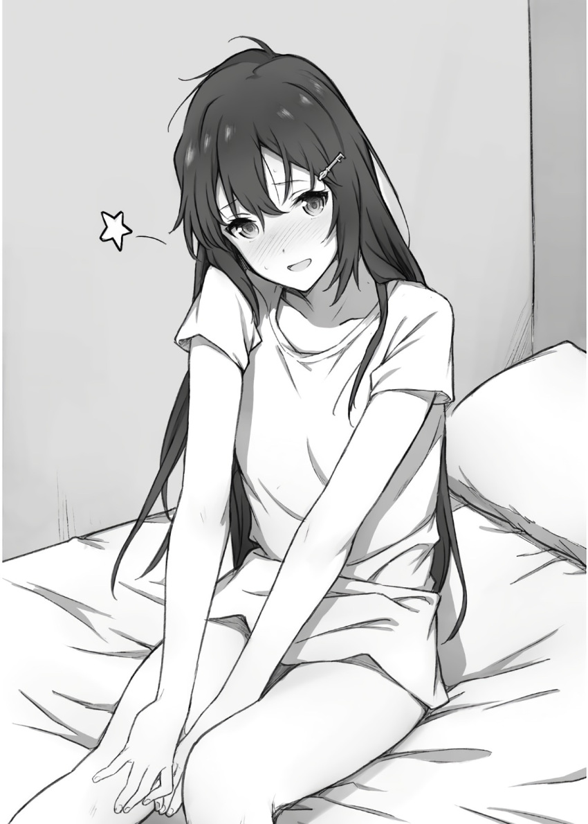 1girl, bed_sheet, between_legs, blush, collarbone, gamers!, greyscale, hair_between_eyes, hair_ornament, hand_between_legs, highres, hoshinomori_konoha, indoors, long_hair, looking_at_viewer, monochrome, naked_shirt, novel_illustration, official_art, open_mouth, pillow, saboten, shirt, short_sleeves, solo, very_long_hair
