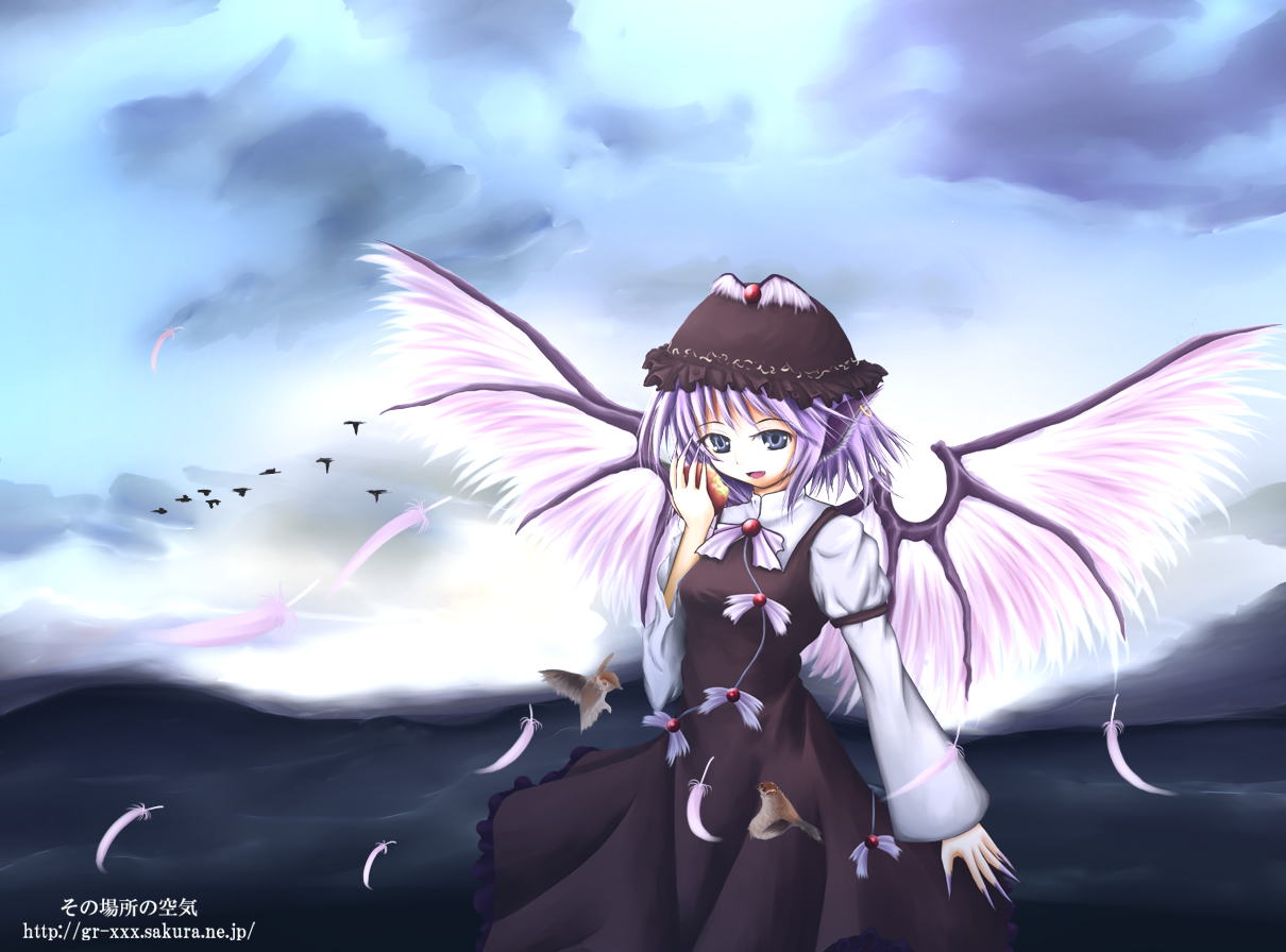 birds, gr_(artist), hat, mystia_lorelei, ribbon, short_hair, sky, touhou, wings