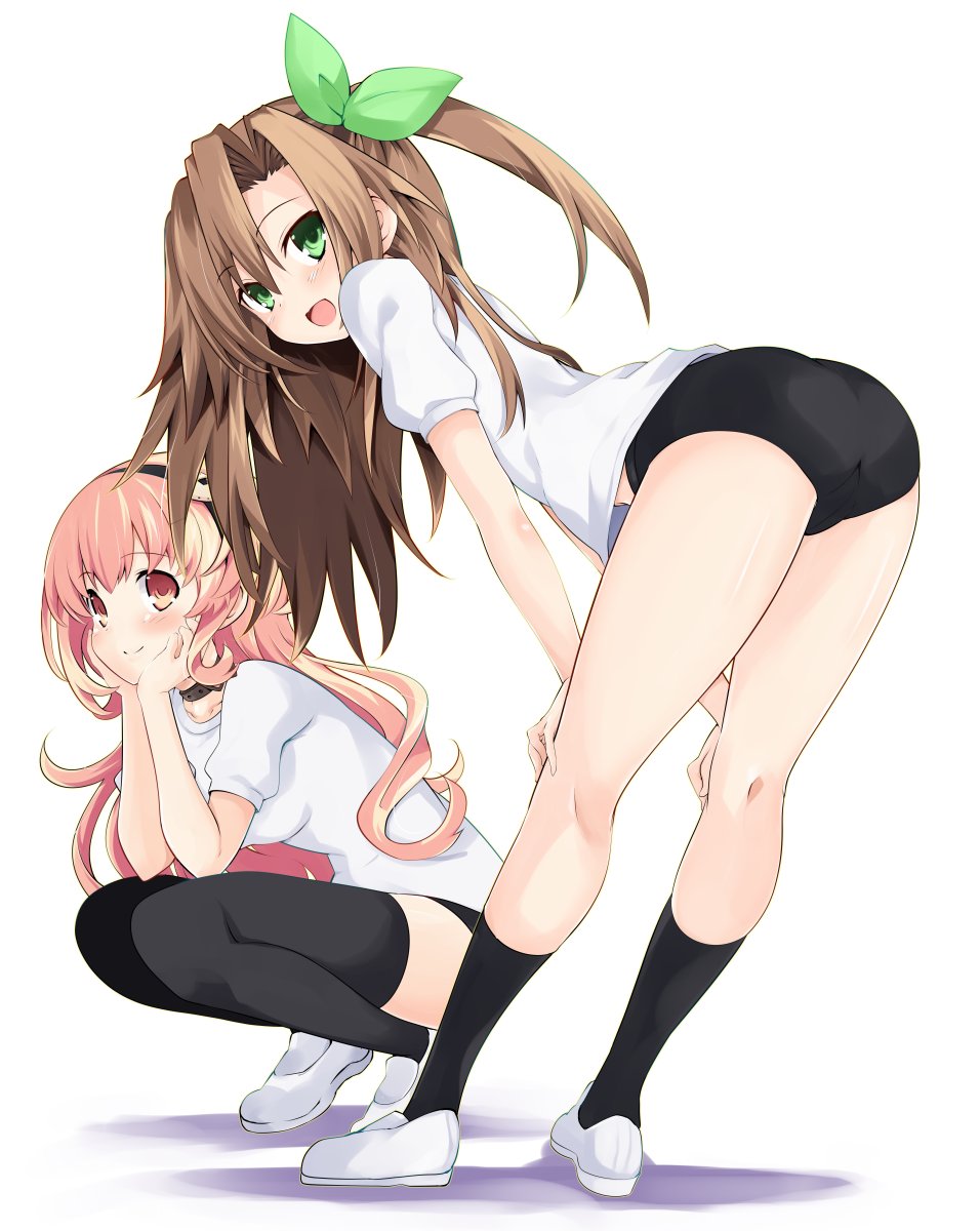 2girls, ass, black_buruma, black_legwear, blush, breasts, brown_hair, buruma, compa, green_eyes, hairband, highres, if_(neptune_series), iwasi-r, long_hair, looking_at_viewer, looking_back, multiple_girls, neptune_(series), open_mouth, pink_eyes, pink_hair, smile, thigh-highs