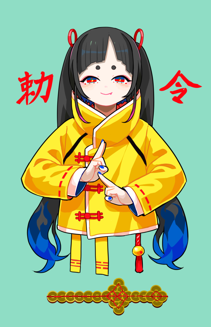 1girl, bangs, black_hair, blue_eyes, blue_hair, blue_nails, cropped_torso, fang