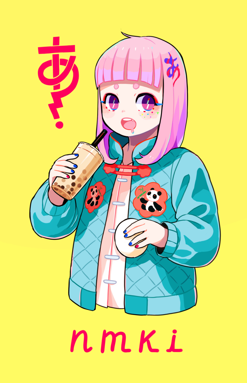 1girl, aqua_jacket, bangs, blunt_bangs, bubble_tea, cropped_torso, cup, drink