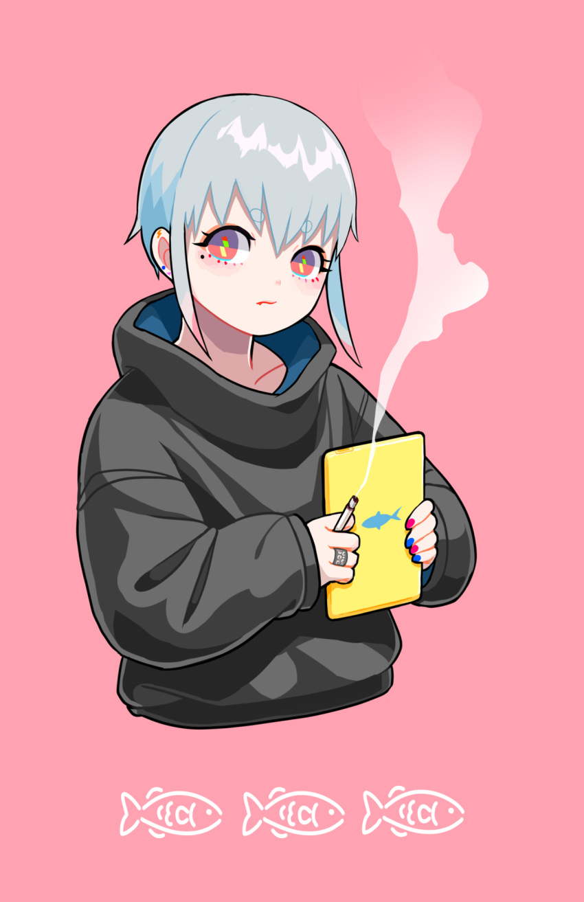 1girl, black_sweater, blue_nails, cigarette, collarbone, cropped_torso, ear_piercing, earrings
