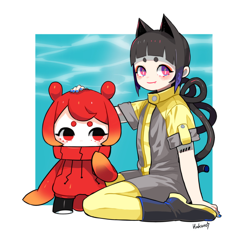 2girls, animal_ears, bangs, black_eyes, black_footwear, black_hair, blue_nails, blunt_bangs