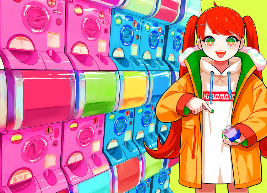 1girl, bangs, cowboy_shot, drawstring, gashapon, gashapon_machine, green_background, green_eyes