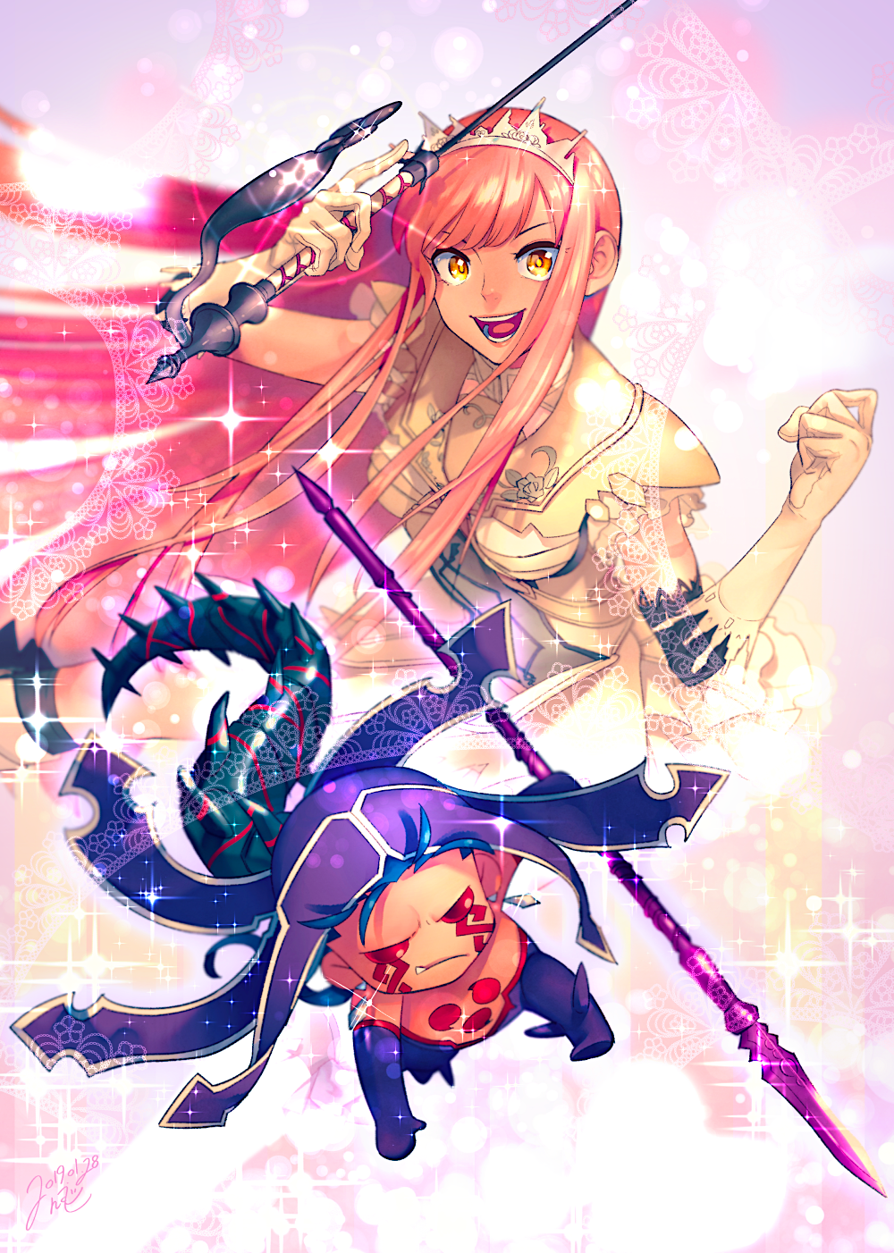 1boy, 1girl, :d, blue_hair, chest_tattoo, chibi, cu_chulainn_alter_(fate/grand_order), dated
