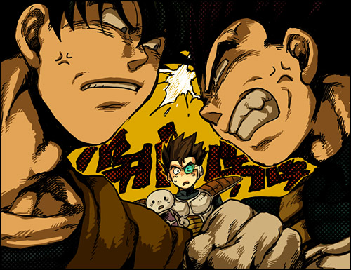 1girl, 3boys, anger_vein, angry, annoyed, armor, black_hair, brothers, clenched_teeth, close-up, couple, dougi, dragon_ball, eye_contact, face, frown, gloves, gure_(dragon_ball), hetero, looking_at_another, lowres, multiple_boys, nervous, nitako, orange_background, polka_dot, scouter, shaded_face, short_hair, siblings, simple_background, son_gokuu, spiky_hair, sweatdrop, tarble, teeth, translation_request, upper_body, vegeta