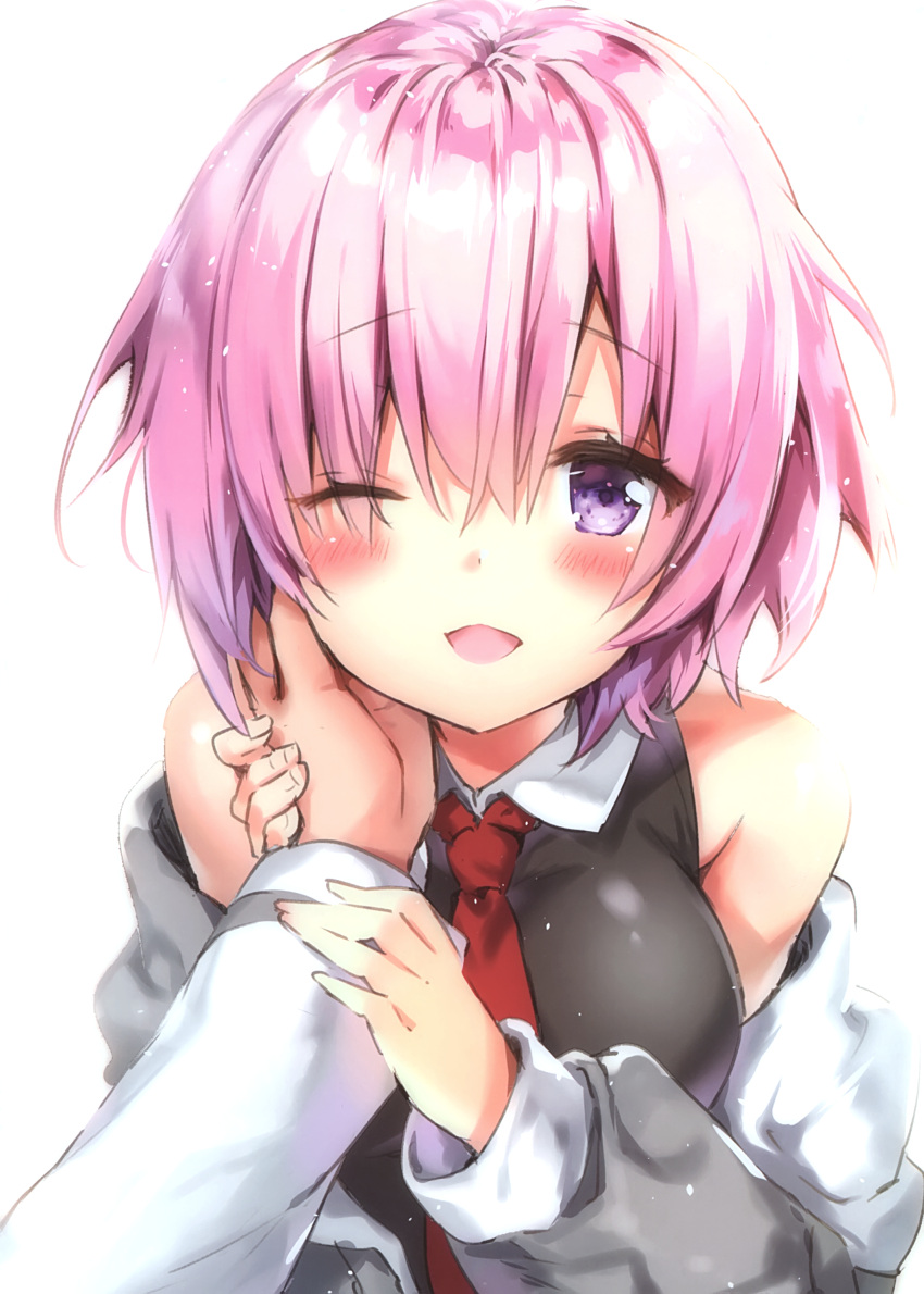 1boy, 1girl, absurdres, bangs, blush, blush_stickers, breasts, eyebrows_visible_through_hair, faceless, faceless_male, fate/grand_order, fate_(series), hair_between_eyes, highres, long_sleeves, mash_kyrielight, open_mouth, pink_hair, red_neckwear, richu, scan, short_hair