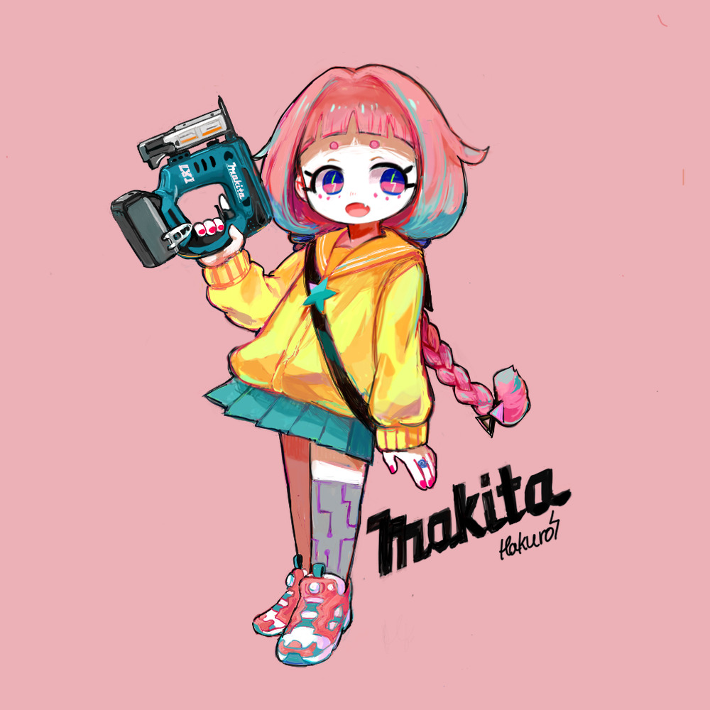 1girl, aqua_hair, aqua_skirt, bangs, blunt_bangs, braid, fang, full_body, hakuro96, holding, jewelry, long_hair, long_sleeves, multicolored_hair, nail_polish, open_mouth, original, pink_background, pink_hair, pleated_skirt, power_tool, red_nails, ring, sailor_collar, short_eyebrows, signature, simple_background, skirt, smile, solo, standing, sweater, two-tone_hair, yellow_sailor_collar, yellow_sweater