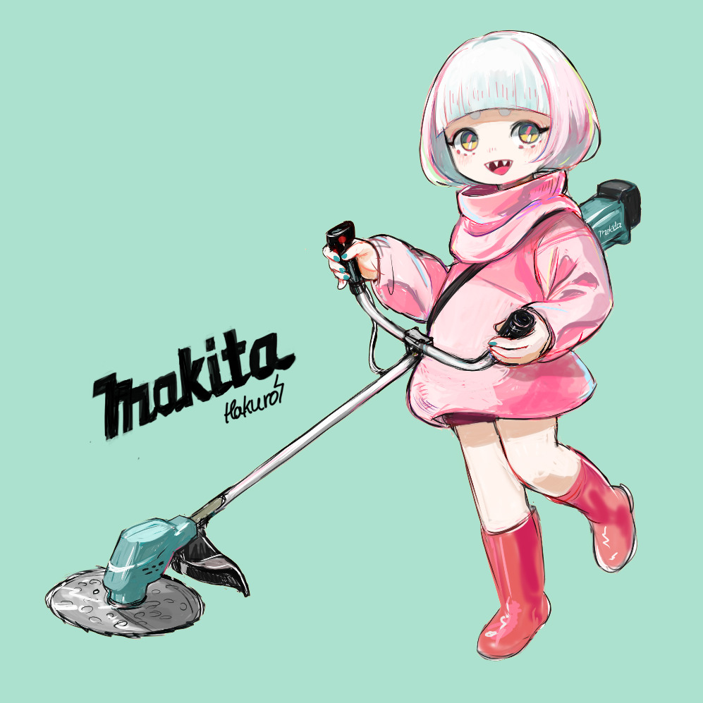 1girl, bangs, blunt_bangs, boots, full_body, green_background, hakuro96, leg_up, long_sleeves, multicolored_hair, open_mouth, original, pink_hair, pink_sweater, power_tool, red_footwear, sharp_teeth, short_eyebrows, short_hair, signature, simple_background, smile, solo, standing, sweater, teeth, turtleneck, turtleneck_sweater, weed_whacker, white_hair