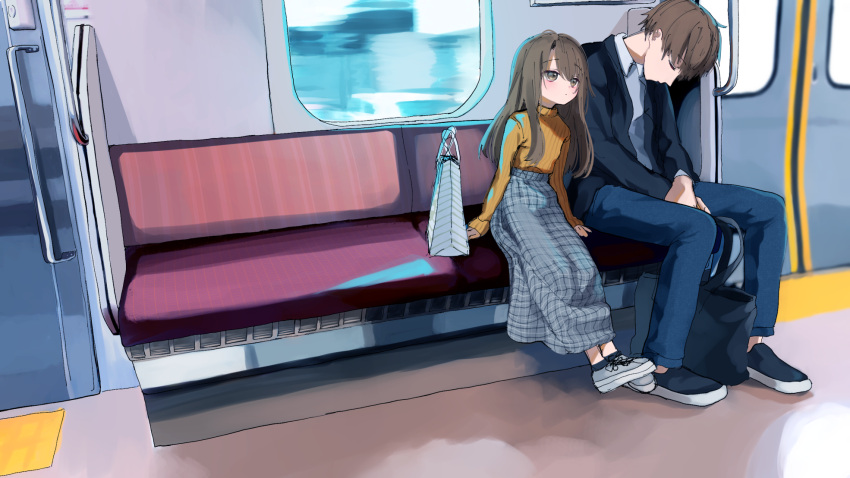 1boy, 1girl, bag, black_footwear, black_jacket, brother_and_sister, brown_eyes, brown_hair