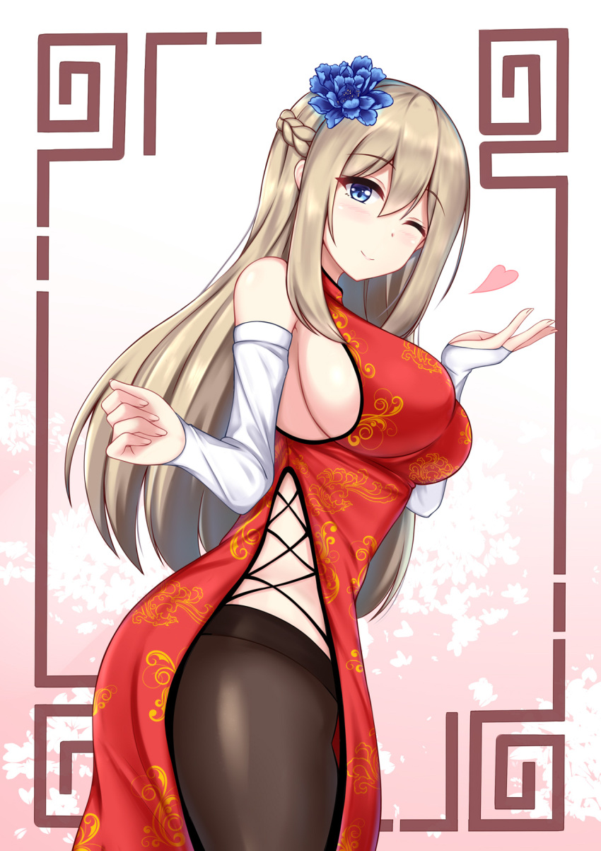 1girl, alternate_costume, bare_shoulders, black_legwear, blonde_hair, blue_eyes, blue_flower, braid, breasts, china_dress, chinese_clothes, dress, elbow_gloves, flower, french_braid, from_side, gloves, hair_between_eyes, hair_flower, hair_ornament, heart, highres, large_breasts, lexington_(warship_girls_r), one_eye_closed, pantyhose, side_slit, sideboob, sidelocks, sleeveless, smile, solo, warship_girls_r, white_gloves, xiao_qi