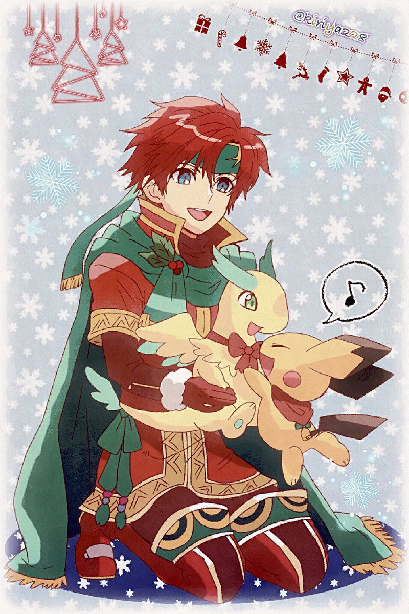 1boy, 1girl, armor, blue_eyes, blush, cape, christmas, closed_eyes