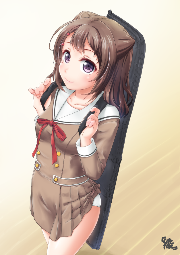 accidental_exposure, ayama_yuiya, bang_dream!, bangs, brown_dress, brown_hair, collarbone, double-breasted