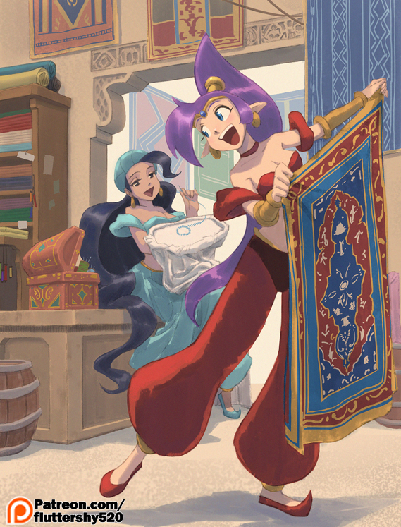 10307, 2girls, :d, arabian_clothes, arm_up, armlet, bandeau, bare_shoulders, barrel, black_eyes, black_hair, blue_eyes, blue_footwear, blue_pants, bracer, carpet, choker, commentary, dark_skin, earrings, english_commentary, forehead_jewel, full_body, graphite_(medium), hair_ornament, half-closed_eyes, hand_up, harem_pants, high_ponytail, holding, hoop_earrings, indoors, jewelry, long_hair, looking_at_another, looking_back, multiple_girls, open_mouth, outstretched_arm, outstretched_leg, pants, patreon_logo, patreon_username, pointy_ears, pointy_shoes, ponytail, purple_hair, red_footwear, red_pants, shantae_(character), shantae_(series), shoes, sitting, smile, standing, standing_on_one_leg, stomach, tiara, traditional_media, upper_teeth, very_long_hair, watermark, web_address