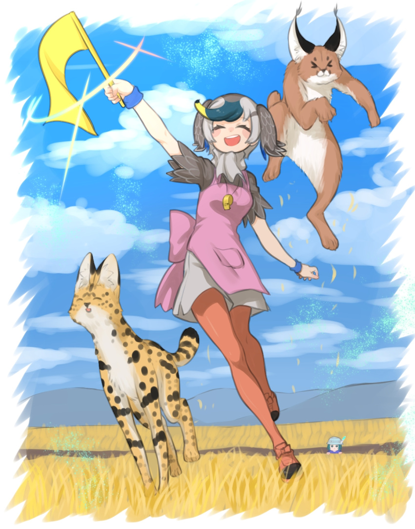 >_<, 2girls, :3, :d, :o, animalization, apron, blue_shirt