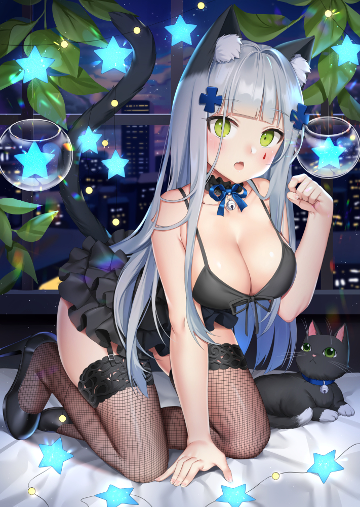 1girl, all_fours, animal_ears, bangs, bare_shoulders, black_dress, black_footwear, black_legwear