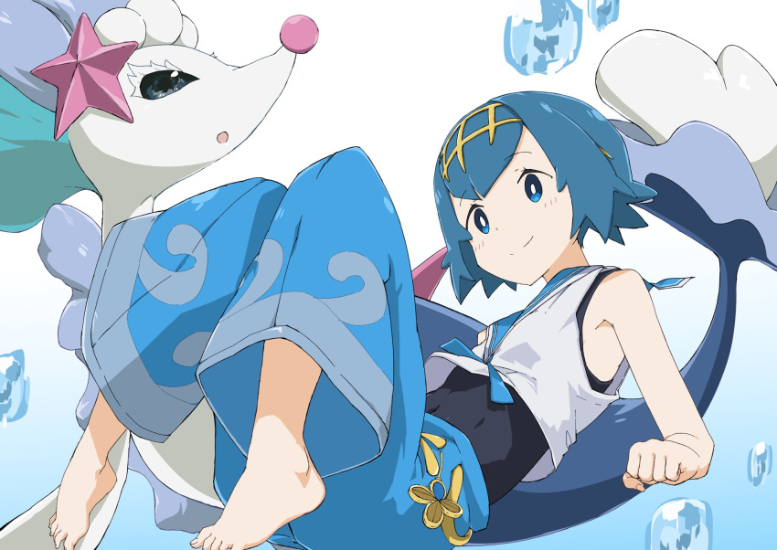 blue_eyes, blue_hair, blue_pants, capri_pants, creatures_(company), game_freak, gen_7_pokemon, hair_ornament, hairband, highres, long_hair, mp26player, nintendo, one-piece_swimsuit, open_mouth, pants, pokemon, pokemon_(anime), pokemon_(creature), pokemon_(game), pokemon_sm, pokemon_sm_(anime), primarina, shirt, sleeveless, sleeveless_shirt, suiren_(pokemon), swimsuit, swimsuit_under_clothes, trial_captain, very_long_hair, yellow_hairband