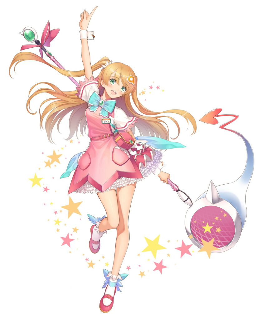 1girl, amiami_(company), arm_up, bag, bangs, blush, bow, character_request, detached_sleeves, dress, eyebrows_visible_through_hair, fingernails, frills, full_body, green_eyes, hair_ornament, highres, holding, leg_up, looking_at_viewer, mary_janes, open_mouth, orange_hair, shiny, shiny_hair, shoes, short_dress, short_sleeves, simple_background, smile, solo, star, tanaka_takayuki, teeth, twintails, white_background, wrist_cuffs