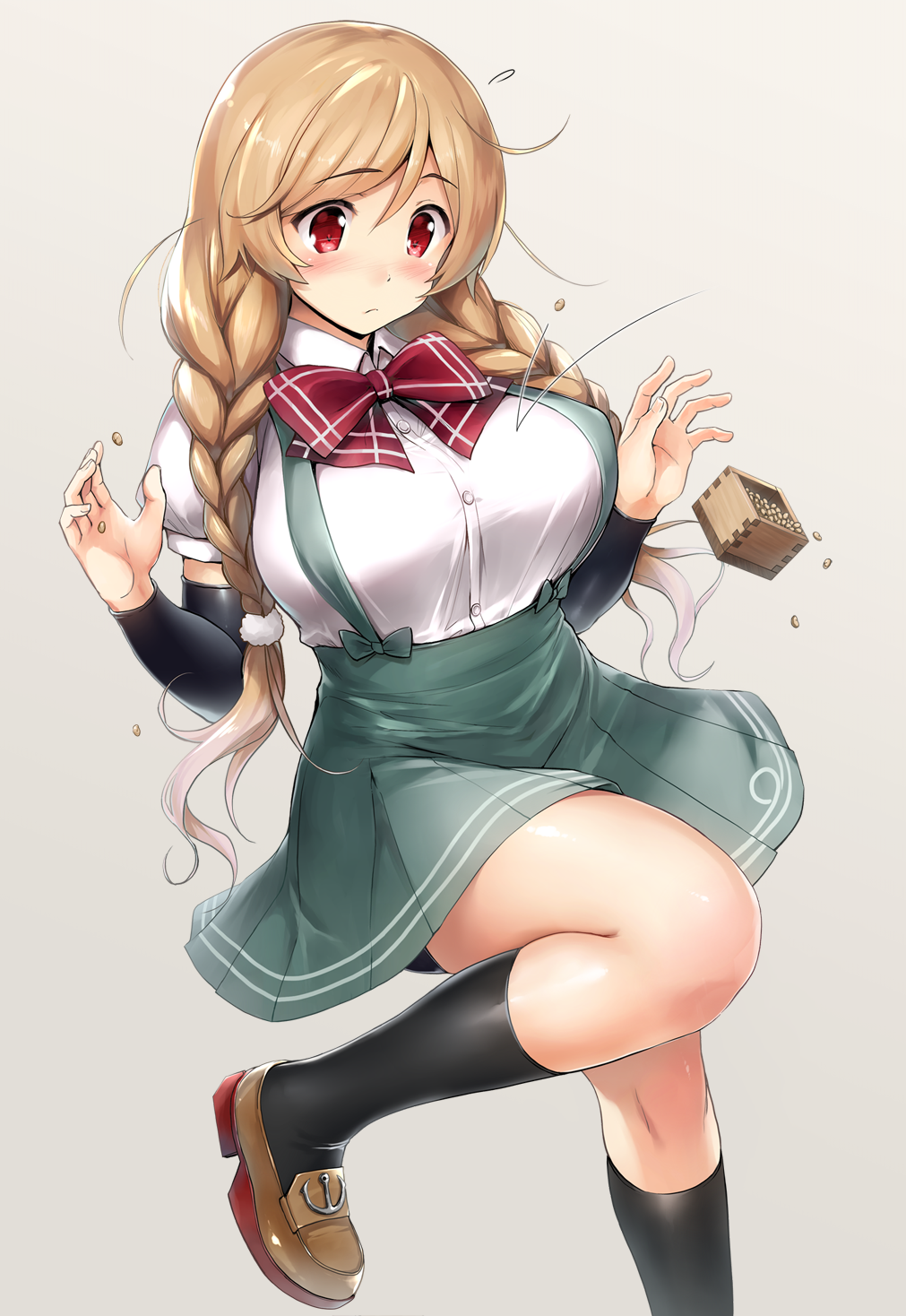 1girl, arm_warmers, beans, black_legwear, bow, bowtie, box, braid