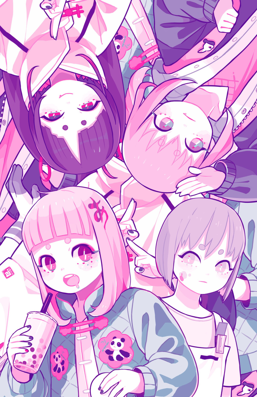 6+girls, absurdres, black_hair, black_nails, bubble_tea, drink, drinking_straw, fang, hakuro96, highres, lavender_eyes, limited_palette, long_hair, long_sleeves, looking_at_viewer, medium_hair, multiple_girls, nail_polish, open_mouth, original, panda, pink_hair, purple_hair, red_eyes, saliva, short_eyebrows, short_hair, upper_body