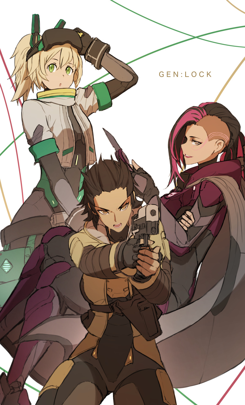 3girls, absurdres, black_hair, blonde_hair, brown_eyes, cameron_maccloud, copyright_name, dishwasher1910