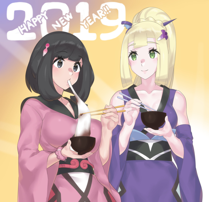 2019, 2girls, bangs, black_eyes, black_hair, blonde_hair, blunt_bangs, bowl