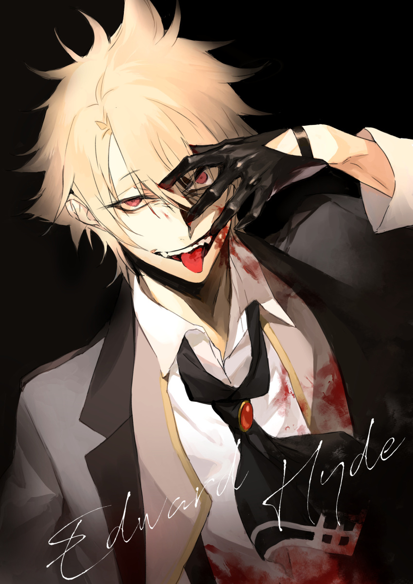 1boy, absurdres, arm_up, bangs, black_background, black_gloves, blonde_hair, blood
