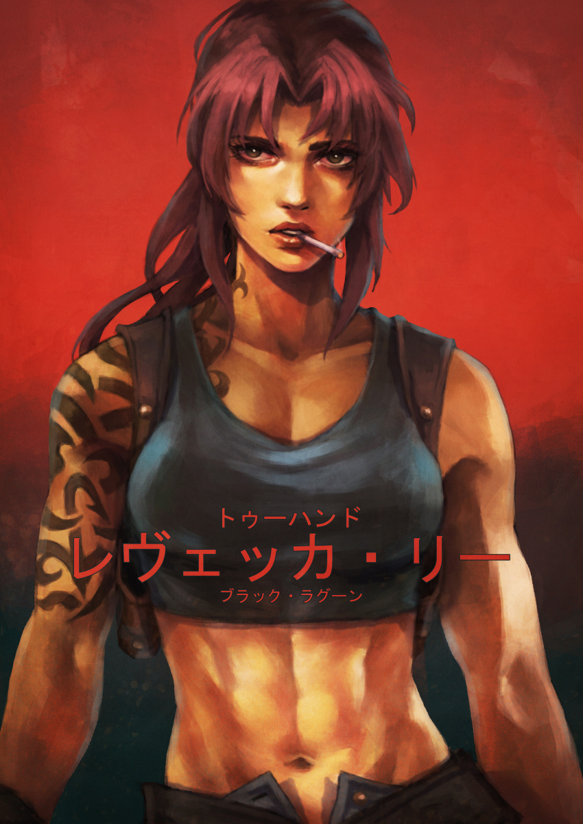 1girl, abs, absurdres, arm_tattoo, black_lagoon, breasts, brown_eyes, cigarette