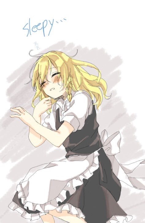 1girl, akatsuki_(osamaru36), apron, bangs, black_skirt, black_vest, blonde_hair, blush, braid, closed_eyes, collared_shirt, english_text, flat_chest, frilled_apron, frilled_skirt, frills, hakurei_reimu, kirisame_marisa, long_hair, lying, messy_hair, no_hat, no_headwear, on_side, parted_lips, puffy_short_sleeves, puffy_sleeves, sash, shirt, short_sleeves, side_braid, simple_background, single_braid, skirt, skirt_set, sleeping, solo, touhou, vest, waist_apron, white_shirt, zzz
