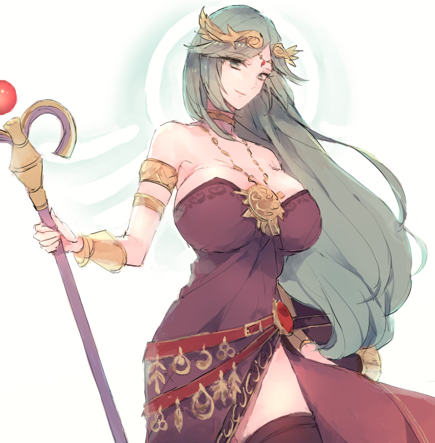 1girl, absurdres, alternate_color, bracelet, breasts, bura, dress, green_eyes, green_hair, halo, highres, jewelry, kid_icarus, large_breasts, long_hair, nintendo, palutena, pendant, shield, staff, strapless, strapless_dress, super_smash_bros., tiara