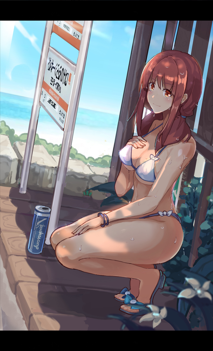 1girl, bare_legs, beach, bikini, bow_bikini, bracelet, breasts, brown_eyes, brown_hair, can, cleavage, day, drink, erect_nipples, flip-flops, flower, hairband, hand_on_own_chest, hand_on_own_thigh, harukana_receive, highres, hot, jewelry, leaf, legs, letterboxed, light_rays, mai_(xskdizzy), medium_breasts, medium_hair, ocean, oozora_haruka_(harukana_receive), outdoors, sandals, shadow, shiny, shiny_skin, side-tie_bikini, sign, sky, smile, squatting, sunbeam, sunlight, sweat, sweatdrop, swimsuit, thigh-highs, twintails, white_bikini, wooden_floor