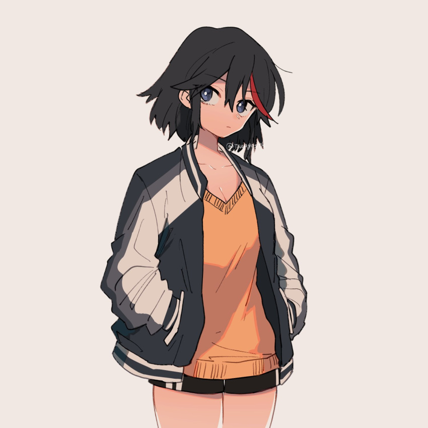 1girl, black_hair, black_jacket, black_shorts, blue_eyes, breasts, bright_pupils, cleavage