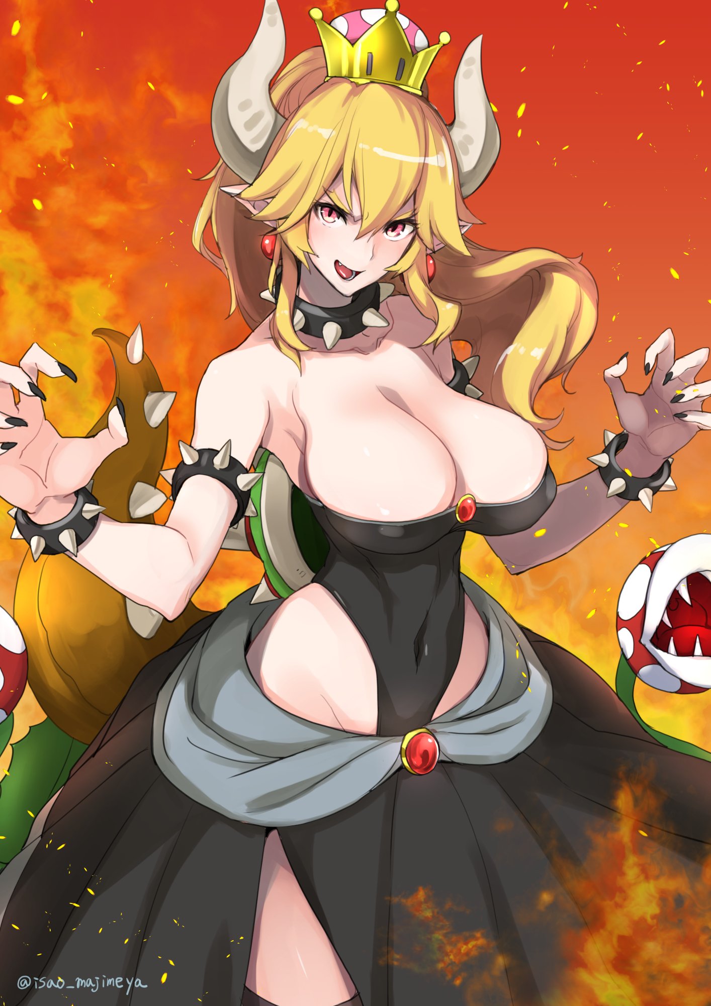 black_collar, black_dress, black_leotard, black_nails, blonde_hair, bowsette, bracelet, collar