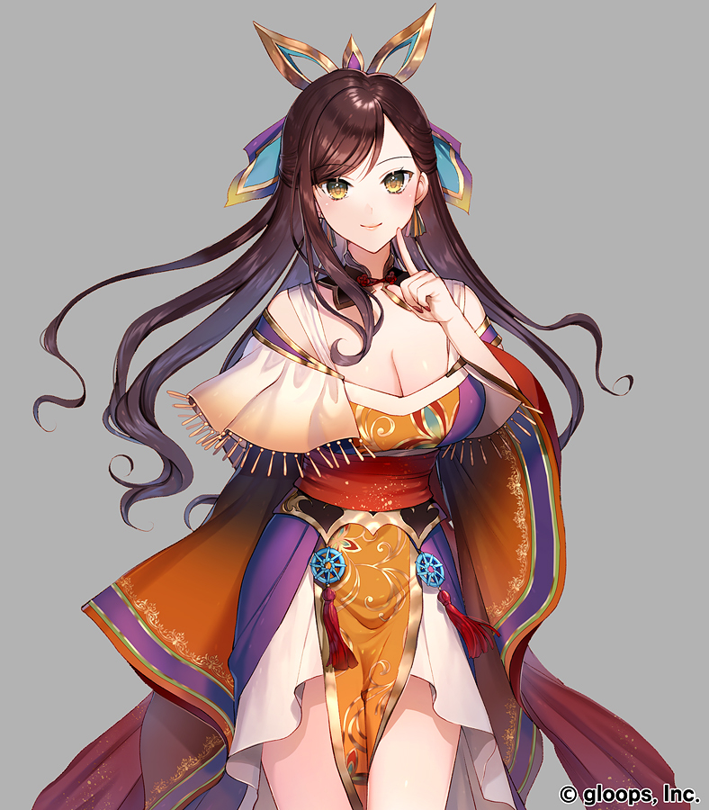 1girl, arm_at_side, bangs, bare_shoulders, blush, breasts, brown_hair, capelet, chinese_clothes, cleavage, closed_mouth, commentary_request, cowboy_shot, daisenran!!_sangokushi_battle, detached_collar, earrings, eyebrows_visible_through_hair, finger_to_cheek, hair_ornament, hand_up, index_finger_raised, jewelry, large_breasts, long_hair, long_sleeves, momoshiki_tsubaki, nail_polish, official_art, sangokushi_battle, sash, smile, solo, swept_bangs, tassel, wavy_hair, white_capelet, wide_sleeves, yellow_eyes