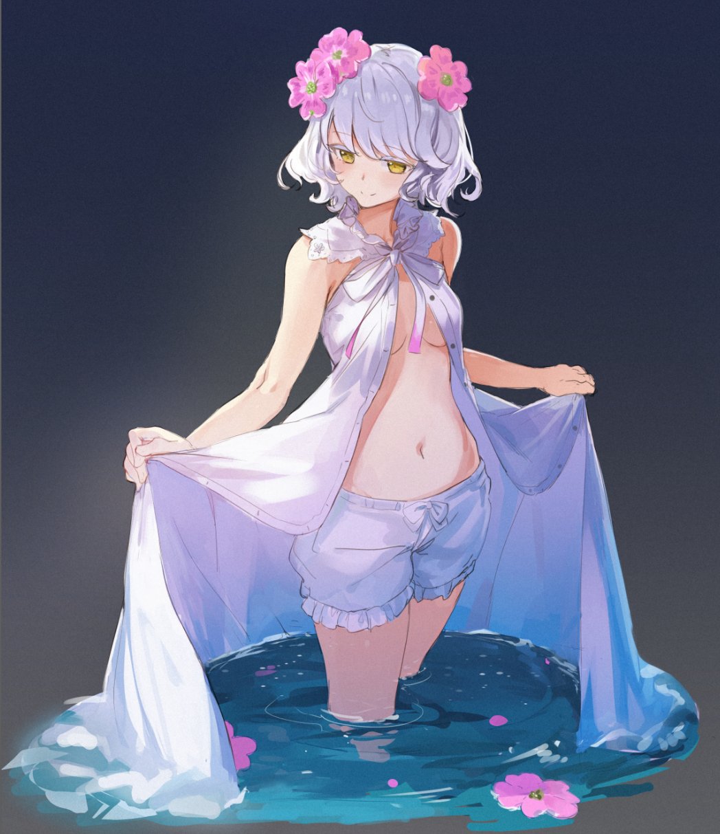1girl, bangs, bare_shoulders, bloomers, breasts, closed_mouth, dress, flower