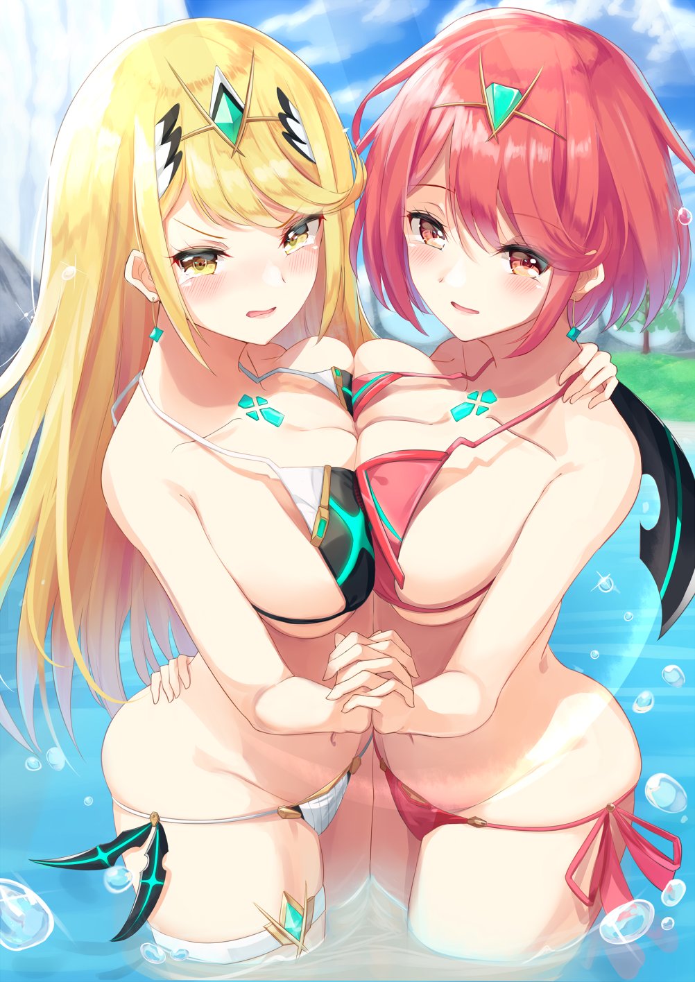2girls, blonde_hair, breasts, docking, embarrassed, hand_holding, highres, hips, igakusei, mythra_(xenoblade), nintendo, orange_eyes, panties, pyra_(xenoblade), redhead, swimsuit, thighs, tiara, underwear, xenoblade_(series), xenoblade_2, yellow_eyes