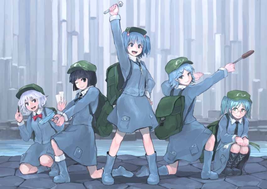 5girls, :d, ;), alternate_hairstyle, arm_up, arms_up, backpack, bag