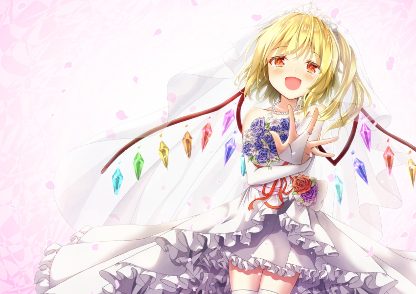 1girl, :d, bangs, bare_shoulders, bead_necklace, beads, blonde_hair, blue_flower