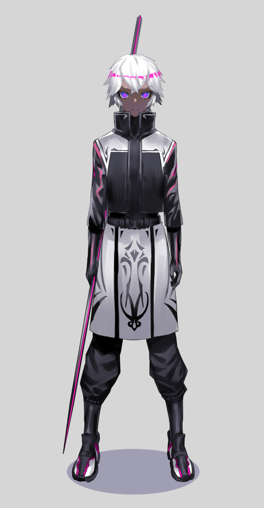 1boy, dark_skin, eyebrows_visible_through_hair, grey_background, looking_at_viewer, male_focus, neon_trim, original