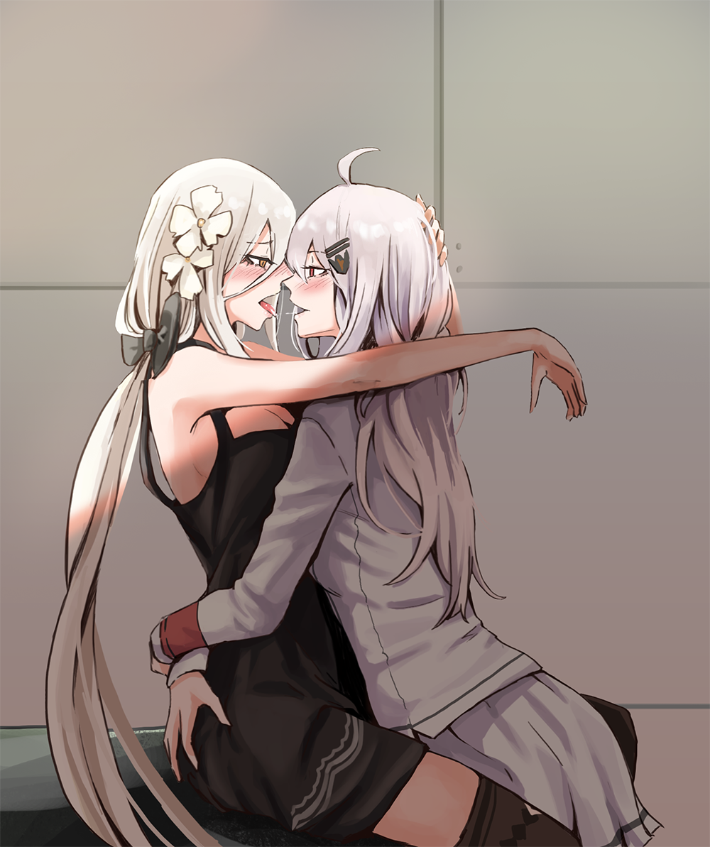 2girls, bangs, blush, bow, breasts, character_request, eye_contact, eyebrows_visible_through_hair, flower, girls_frontline, hair_flower, hair_ornament, hair_ribbon, hairclip, hand_on_another's_ass, hand_on_another's_head, hug, iws-2000_(girls_frontline), kiss, long_hair, looking_at_another, military, military_uniform, mmm_(ji1945), multiple_girls, open_mouth, red_eyes, ribbon, saliva, saliva_trail, shirt, silver_hair, skirt, smile, tongue, tongue_out, uniform, white_hair, yellow_eyes, yuri