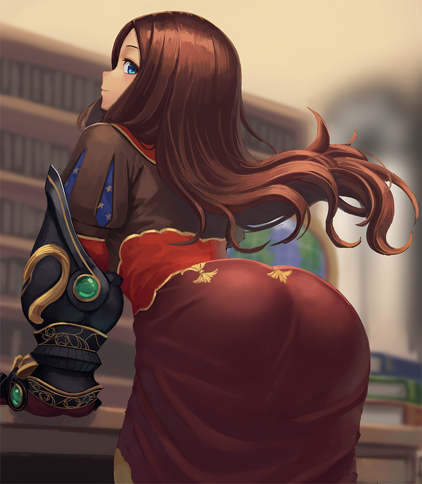 1girl, arched_back, ass, blue_eyes, blurry, blurry_background, book_stack, bookshelf