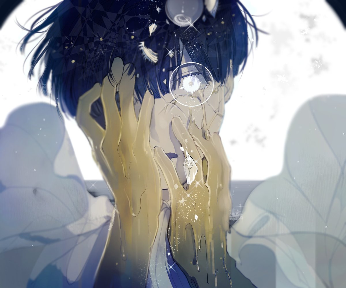 1other, androgynous, bangs, blue_hair, blunt_bangs, colored_eyelashes, crack, crying