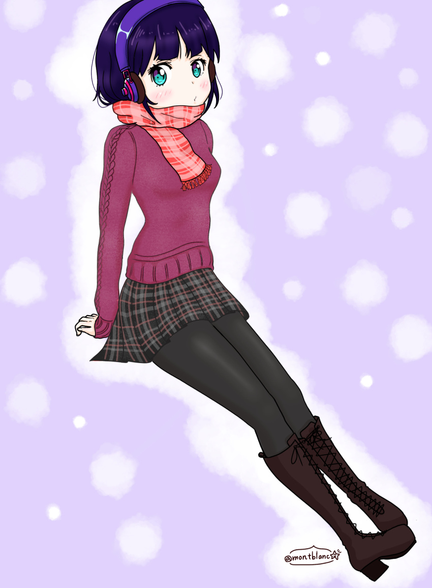 black_legwear, boots, happyfansite, highres, miniskirt, pantyhose, scarf, short_hair, skirt, station_memories