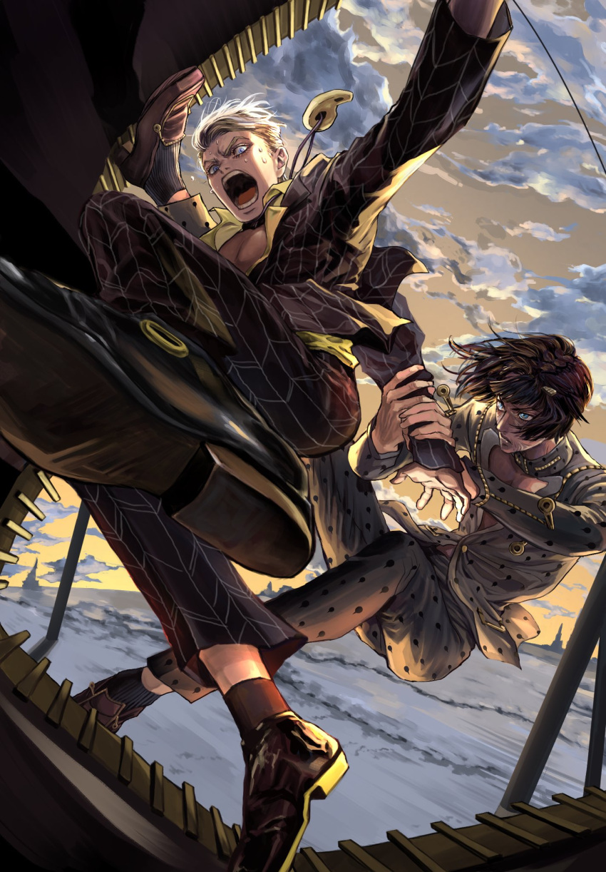2boys, black_hair, blonde_hair, blue_eyes, bruno_buccellati, formal, highres, jewelry, jojo_no_kimyou_na_bouken, multiple_boys, necklace, prosciutto, pulling, short_hair, snr_gio, suit, unzipped, zipper