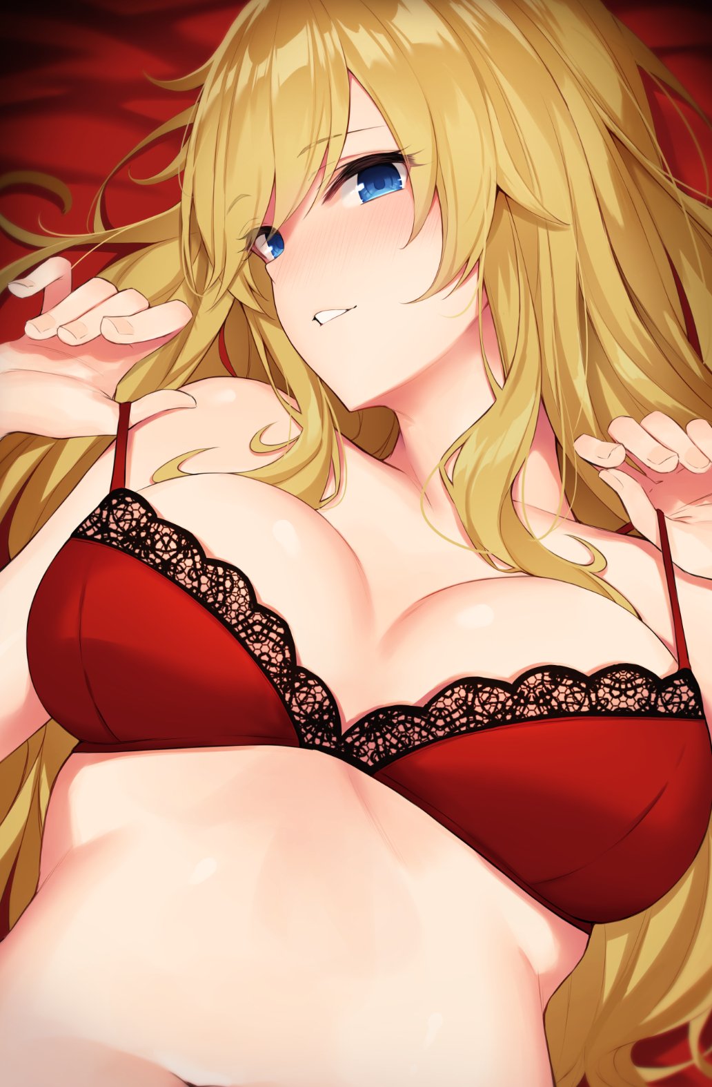 1girl, anza_tomo, bangs, bare_shoulders, blonde_hair, blue_eyes, blush, bra
