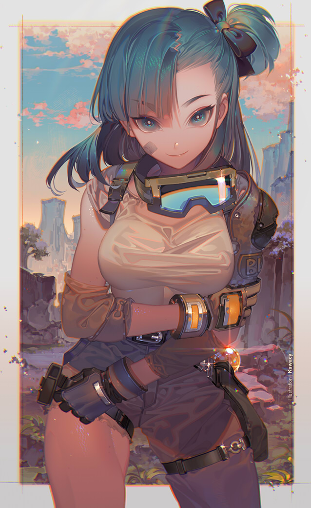 1girl, asymmetrical_clothes, bandaid, bandaid_on_face, belt, black_ribbon, blue_eyes, blue_hair