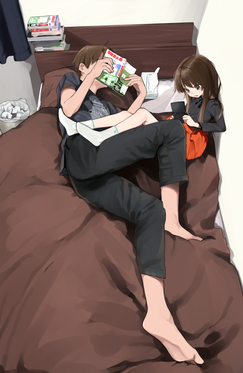 1boy, 1girl, absurdres, against_wall, barefoot, bed, black_pants, black_shirt, book, brother_and_sister, brown_eyes, brown_hair, commentary_request, covering_face, handheld_game_console, highres, honryou_wa_naru, legs_up, long_hair, lying, nintendo_ds, on_side, orange_skirt, original, pants, pillow, playing_games, reading, shirt, short_hair, siblings, sitting, skirt, socks