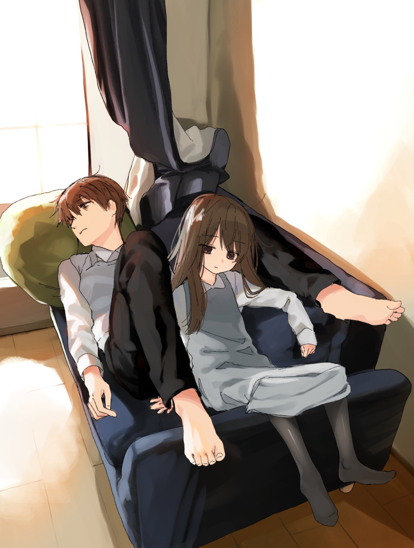 1boy, 1girl, barefoot, black_legwear, black_pants, brother_and_sister, brown_eyes, brown_hair